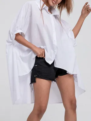 Batwing Sleeves High-Low Solid Color Lapel Blouses&Shirts Tops