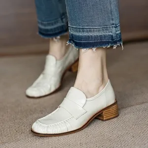 Block Heel Leather Penny Loafers With Wrinkle for Women in Beige/Black