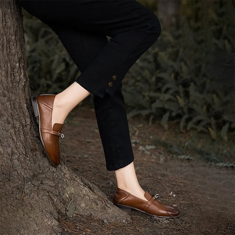 Classic Block Heel Leather Loafers for Women with Metal Buckle in Brown/Black