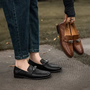 Classic Block Heel Leather Loafers for Women with Metal Buckle in Brown/Black