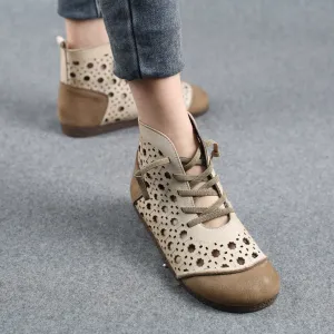 Cut Out Summer Boots Breathable Leather Hollowed Lace Up Ankle Booties Beige/Coffee