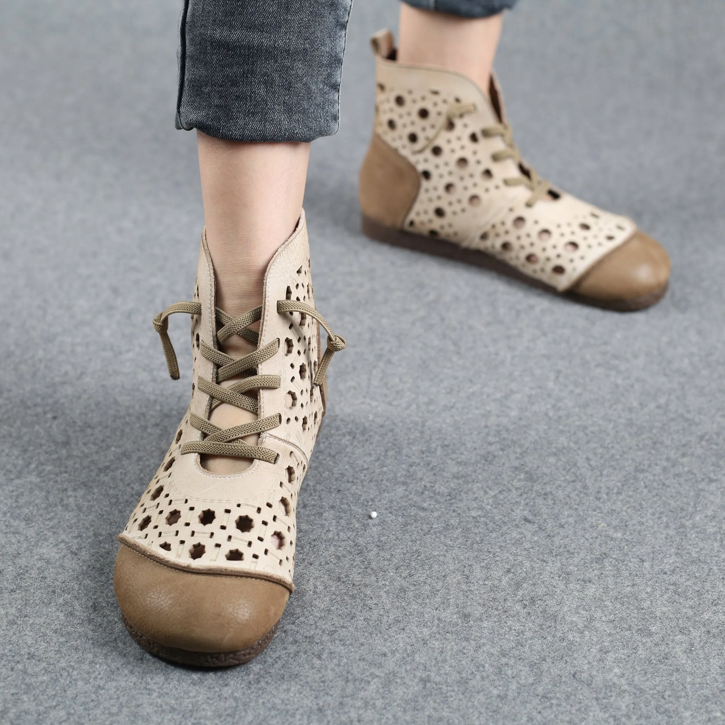 Cut Out Summer Boots Breathable Leather Hollowed Lace Up Ankle Booties Beige/Coffee