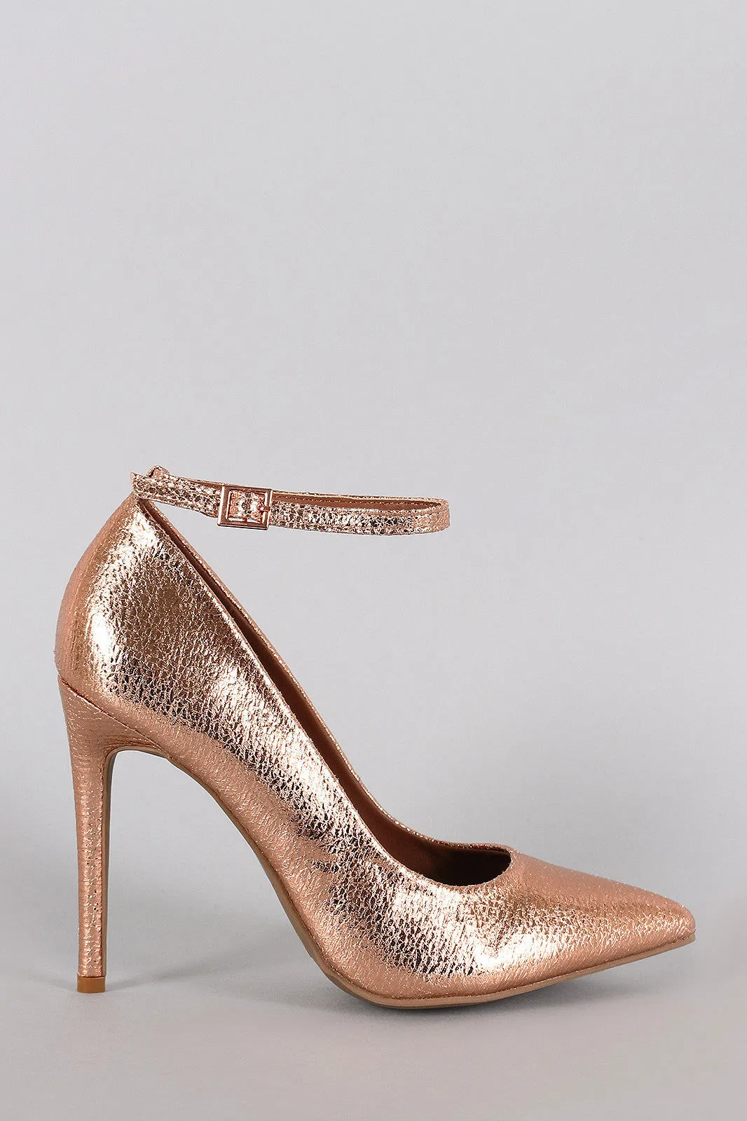 Dollhouse Cracked Metallic Pointy Toe Ankle Strap Stiletto Pump