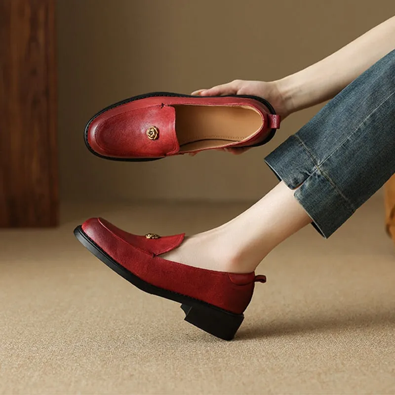 Handcrafted Retro Elegant Round Toe Red Large Size Loafers for Women