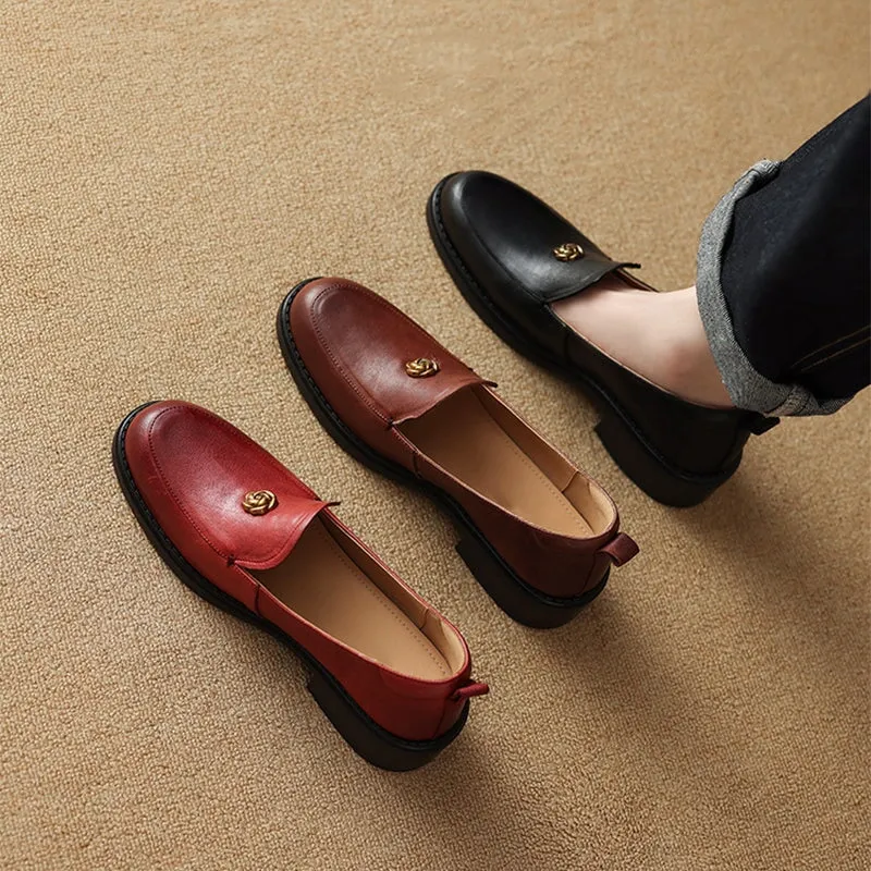 Handcrafted Retro Elegant Round Toe Red Large Size Loafers for Women