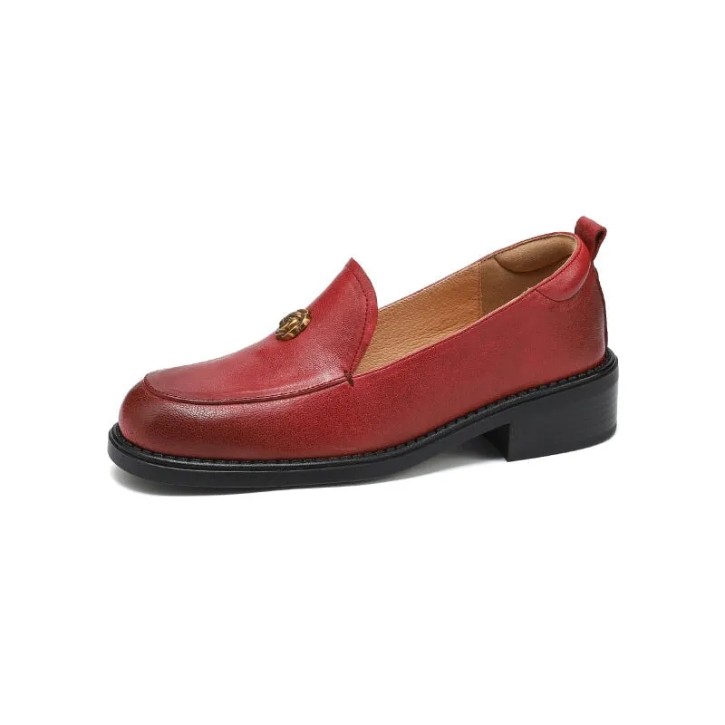 Handcrafted Retro Elegant Round Toe Red Large Size Loafers for Women