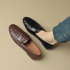 Handmade Woven Leather Loafers for Women in Brown/Black