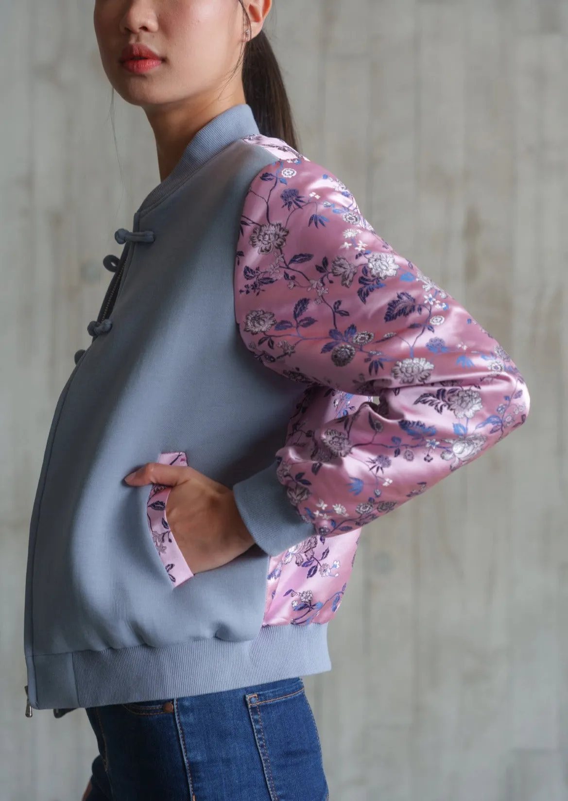 Love In Mist Bomber Jacket (Grey/ Multi Pink)