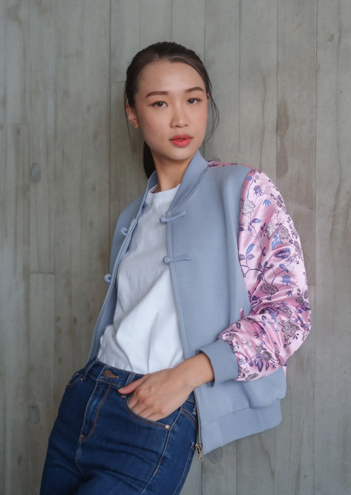 Love In Mist Bomber Jacket (Grey/ Multi Pink)