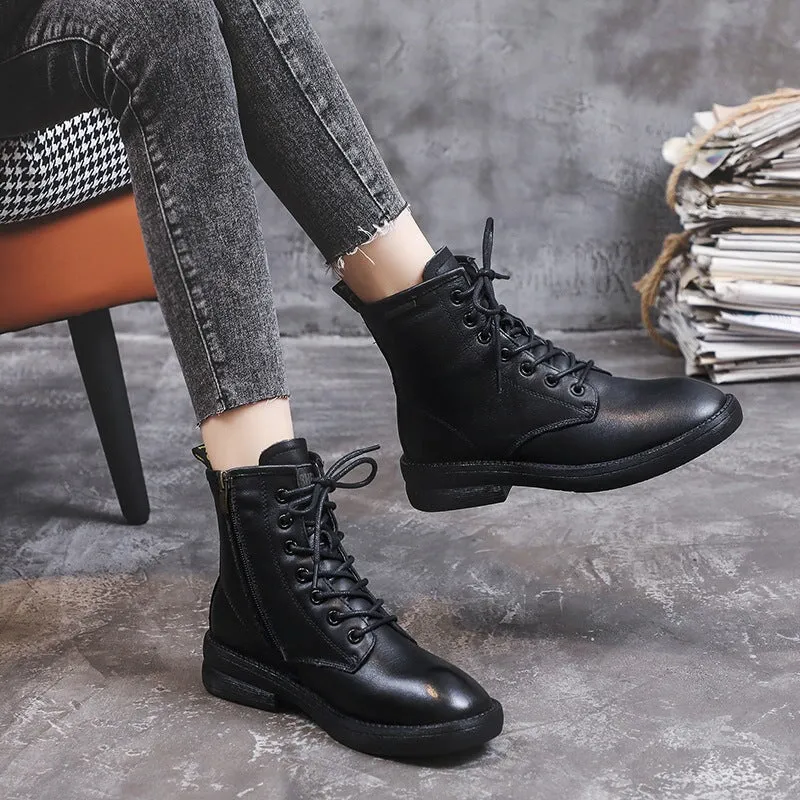 Martin Boots For Women Handmade Lace-Up Round Toe Leather Ankle Booties Platform Boots in Black/Brown