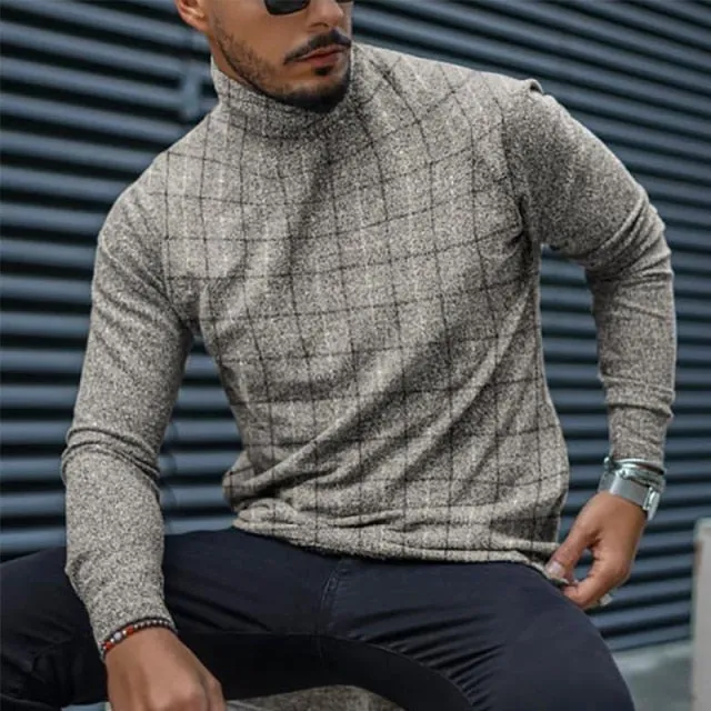 Men's Plaid Turtleneck Long Sleeve Tops