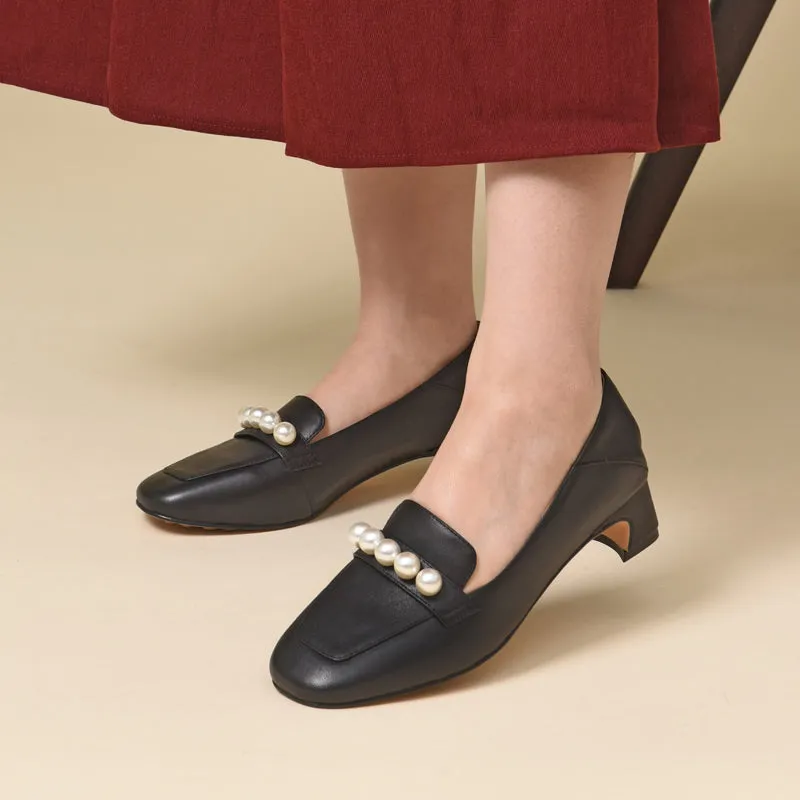 Pearls-Detailed Leather Loafers for Women Black/Bean Paste