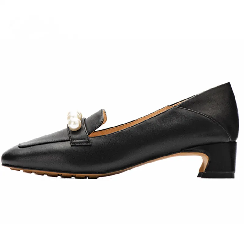 Pearls-Detailed Leather Loafers for Women Black/Bean Paste