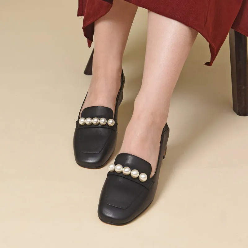 Pearls-Detailed Leather Loafers for Women Black/Bean Paste