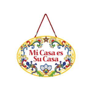 "Mi Casa es Su Casa" Decorative Ceramic Door Sign with Flowers Motif