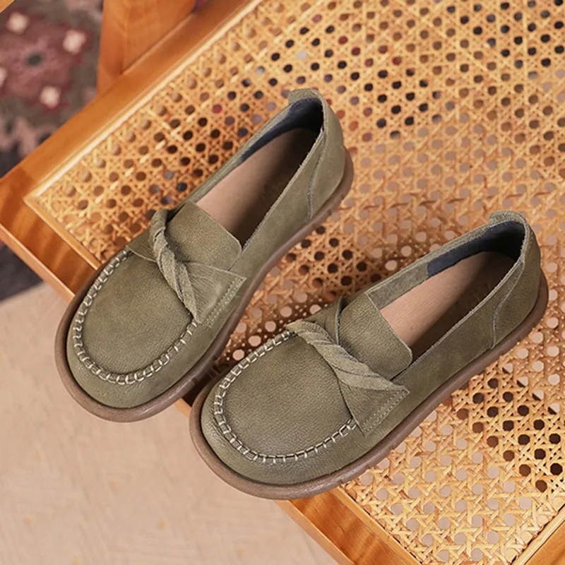 Round Toe Soft Leather Loafers for Women in Green/Coffee