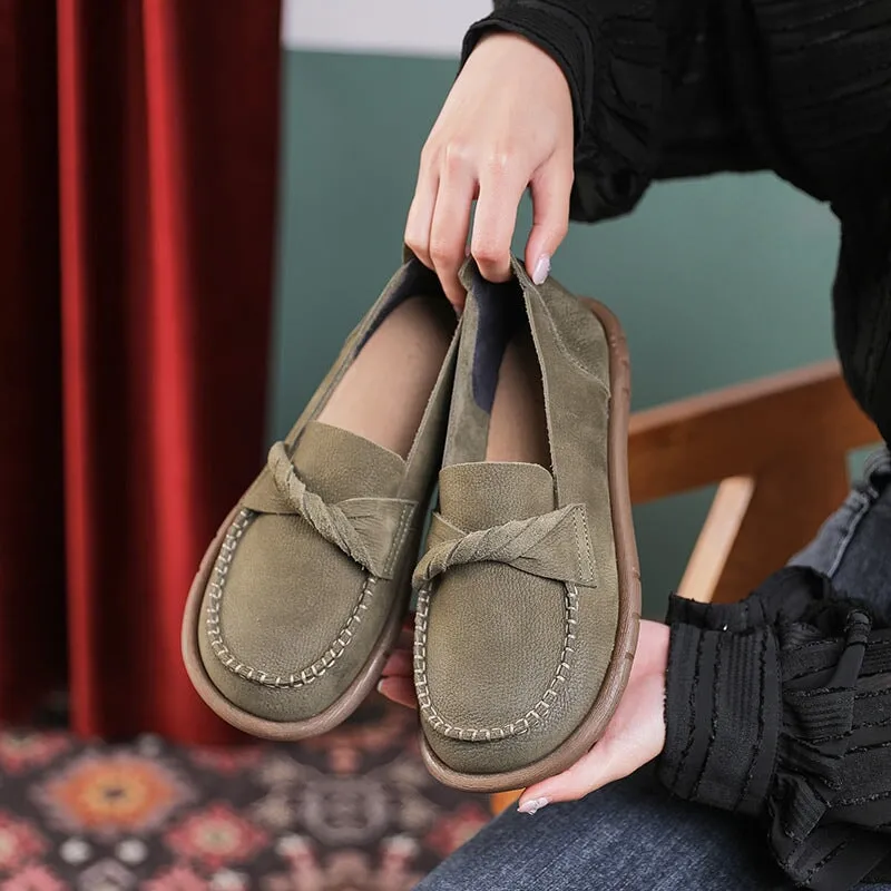 Round Toe Soft Leather Loafers for Women in Green/Coffee