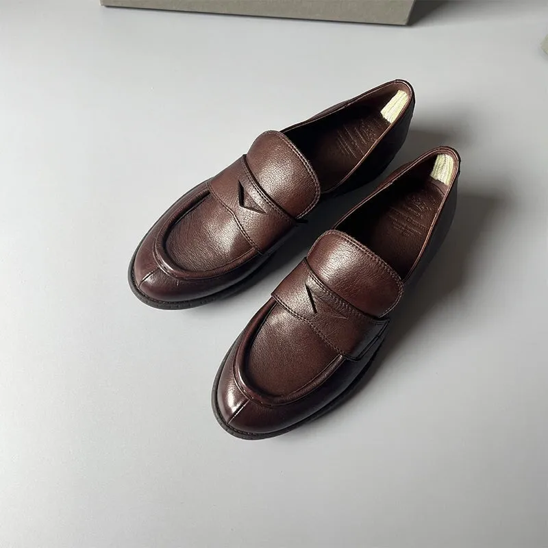 Round Toe Soft Leather Penny Loafers for Women in Coffee/Black