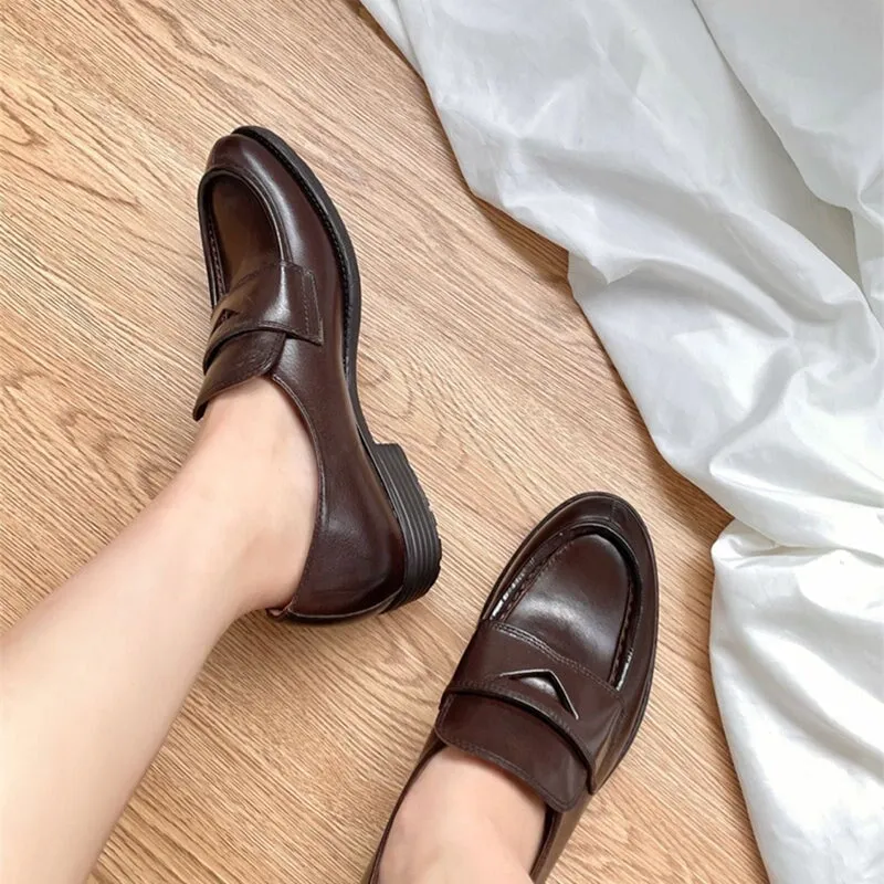 Round Toe Soft Leather Penny Loafers for Women in Coffee/Black