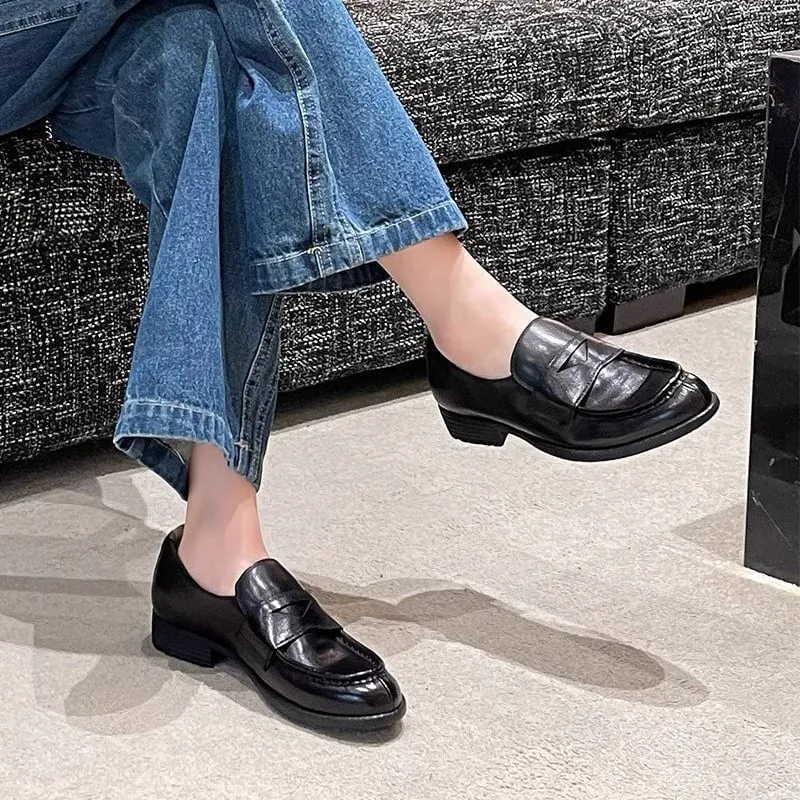 Round Toe Soft Leather Penny Loafers for Women in Coffee/Black