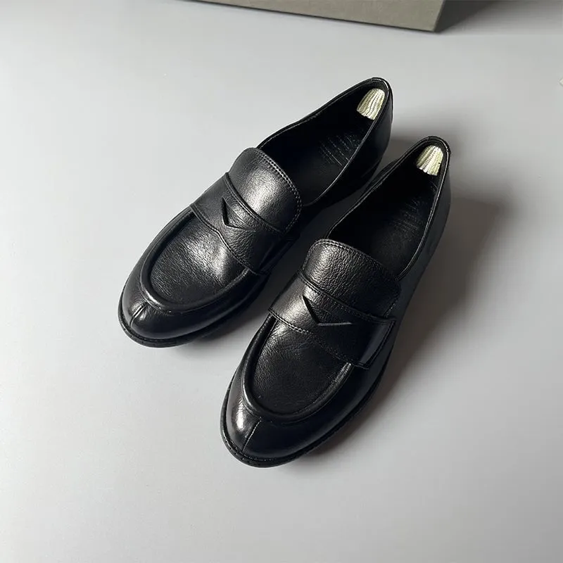 Round Toe Soft Leather Penny Loafers for Women in Coffee/Black