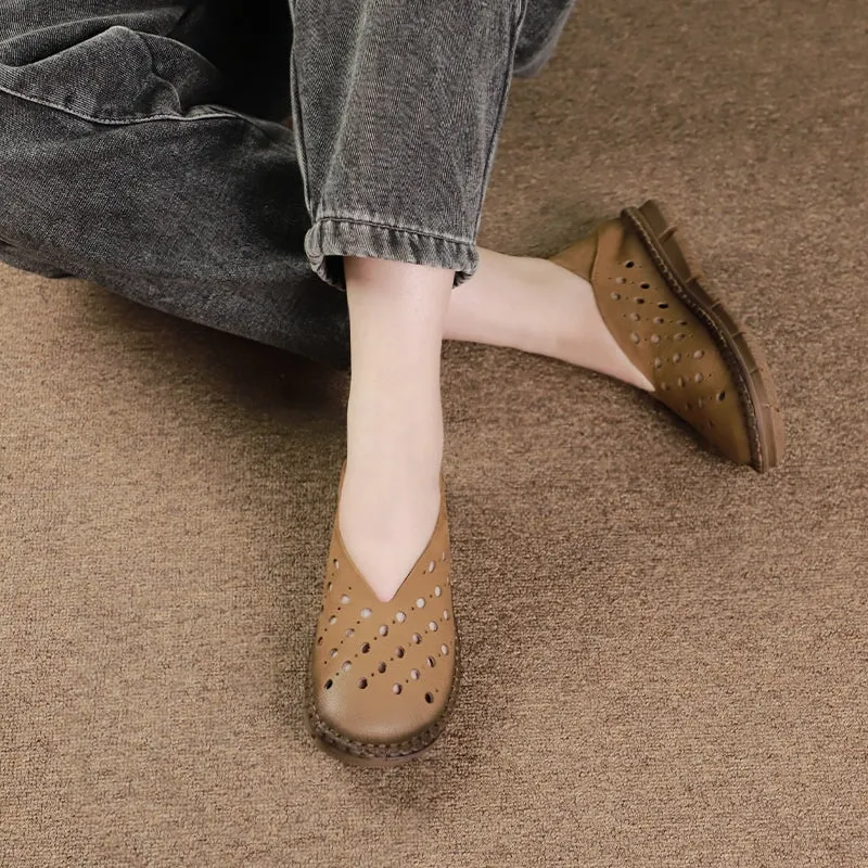 Soft Leather Flat Slip on Loafers for Women Perforated Handmade in Coffee/Khaki