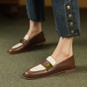 Soft Leather Loafers for Women with Metal Color Blocking