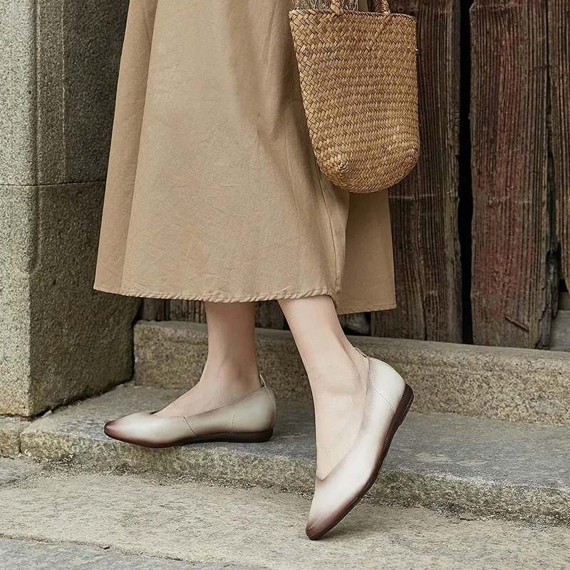 Soft Leather Point Toe Flat Shoes in Beige/Brown