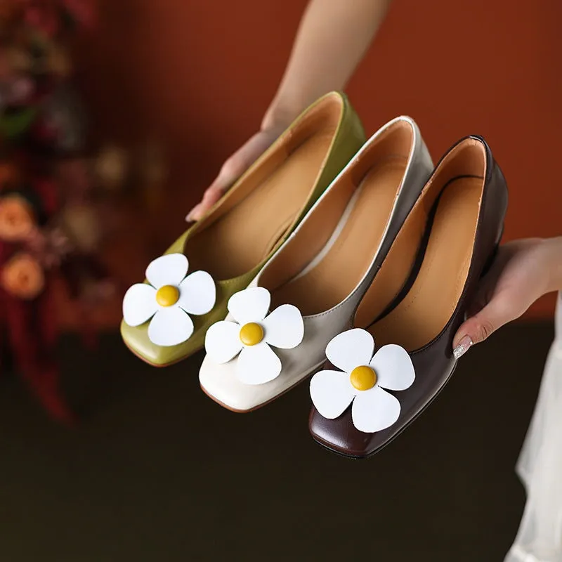 Square Toe Leather Flat Slip on for Women with Plumerias Handmade in Brown/Green/Beige