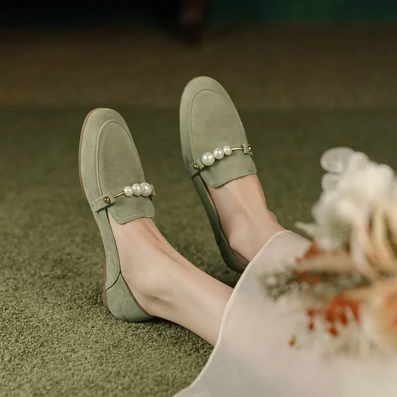 Suede Leather Loafers for Women Pearls Details Round Toe in Green