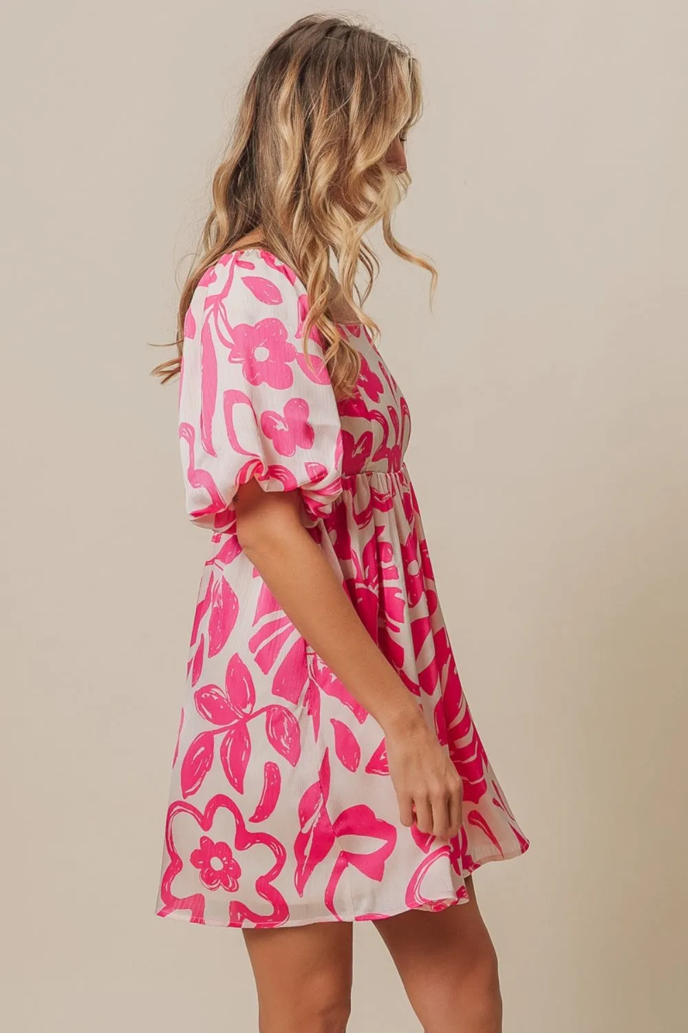 Tropical Floral Pattern Puff Sleeve Square Neck Dress