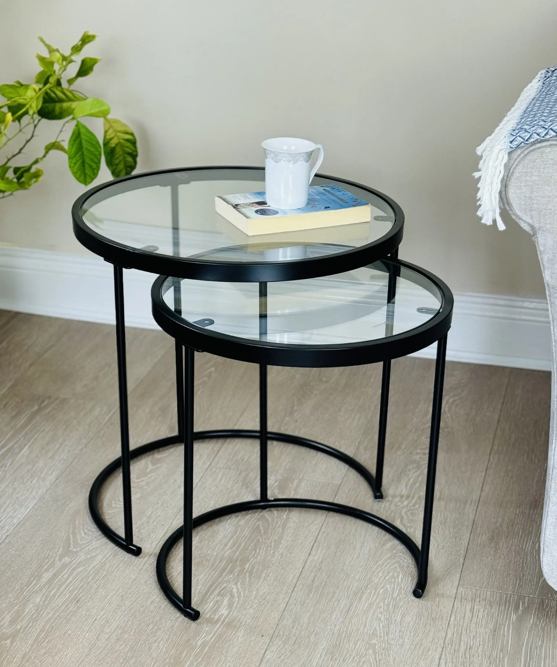 Visio Set of 2 Round Nesting Tables- Clear Glass Top/Black Frame