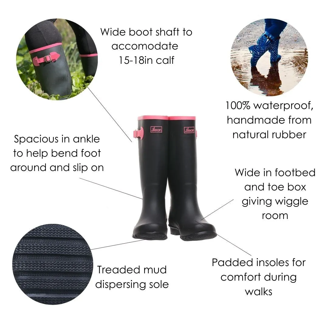 Wide Calf Rain Boots - 15 to 18 inch Calf - Black with Pink Trim - Wide in Foot and Ankle