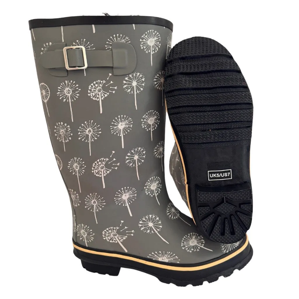 Wide Calf Rain Boots - 15 to 18 inch calf - Grey Dandelion - Wide in Foot and Ankle