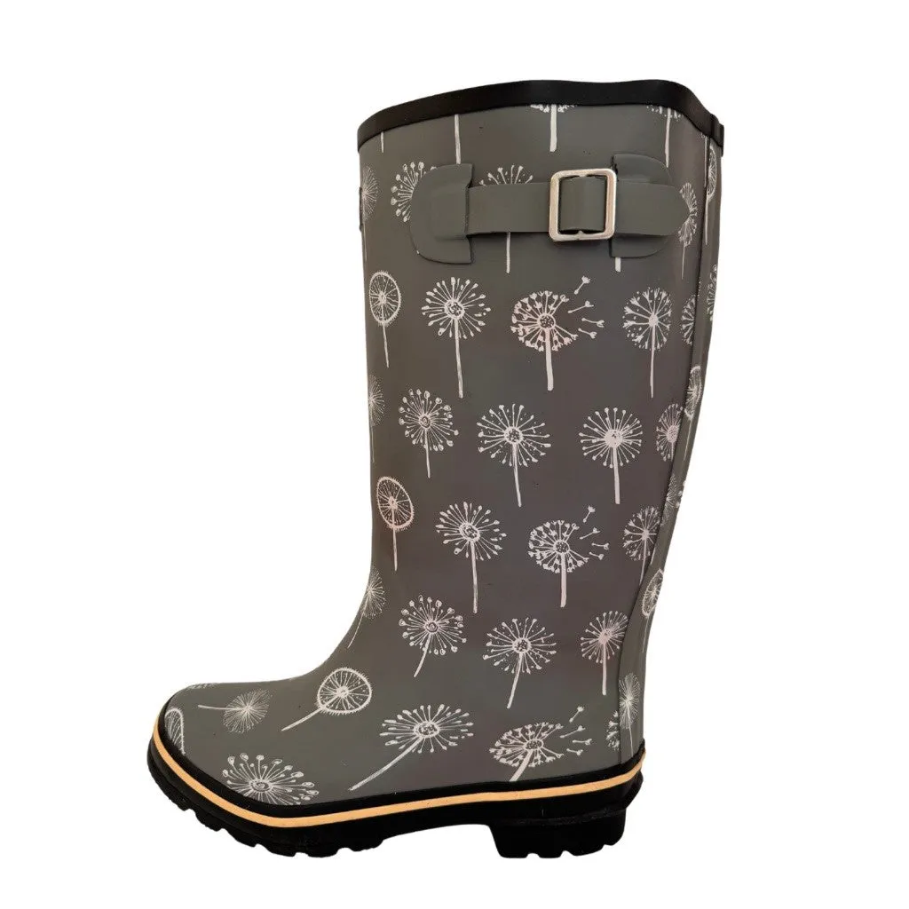 Wide Calf Rain Boots - 15 to 18 inch calf - Grey Dandelion - Wide in Foot and Ankle